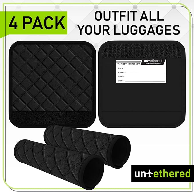 Untethered Luggage Handle Wraps (4-Pack) | Padded Suitcase Handle Covers with Diamond-Grip Design – Comfortable Neoprene Travel Handle Wraps for Luggage, Bags & Suitcases. (4-Pack | Black)