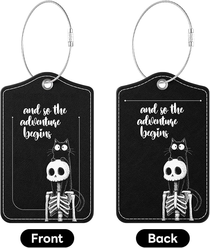 2 Pack PU Leather Luggage Tags for Suitcases, Privacy Protection Cover with Stainless Steel Loop and Address Card, Travel Cruise Essentials (Black Cat Skull)