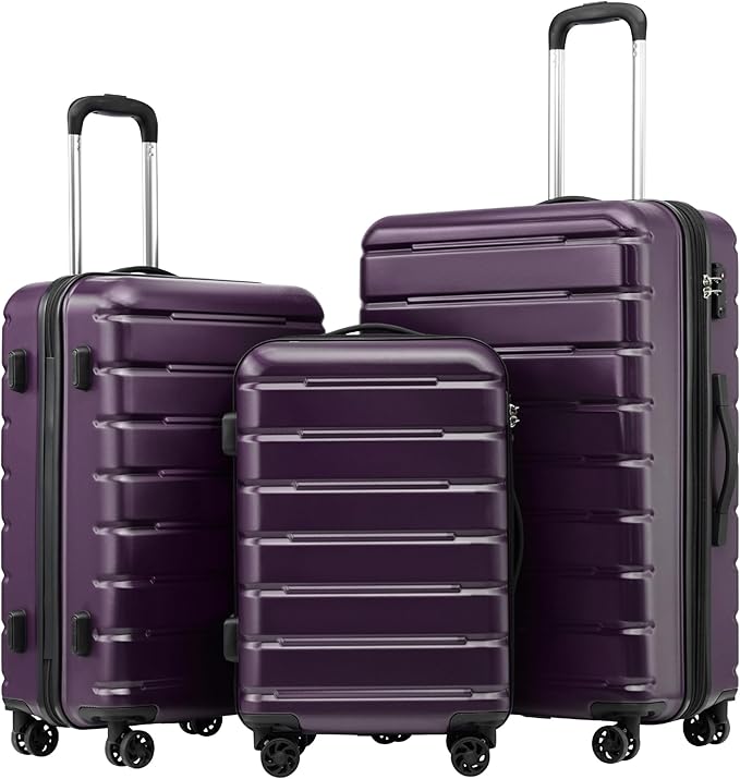 Coolife Luggage 3 Piece Set Suitcase Spinner ABS+PC Hardshell Lightweight TSA Lock USB Port, 20in 24in 28in Carry on Expandable (only 28’’), Purple