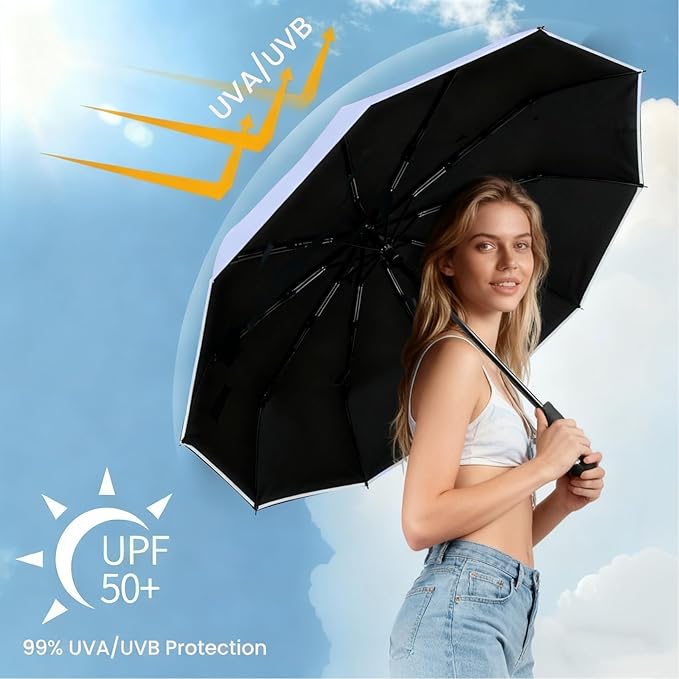 SIEPASA Travel Umbrella with Carabiner Handle - Windproof 10 Ribs Auto Open/Close for Rain & Sun Protection, Compact Portable Clip-on Backpack Design with Safety Reflective Strip.