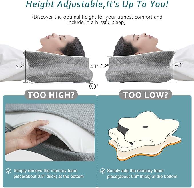 Cervical Neck Pillow for Pain Relief Sleeping, Memory Foam Pillows, Ergonomic Side Sleeper Pillows, Cooling Orthopedic Neck Support Pillow for Back Stomach Sleepers-Queen Size White&Grey