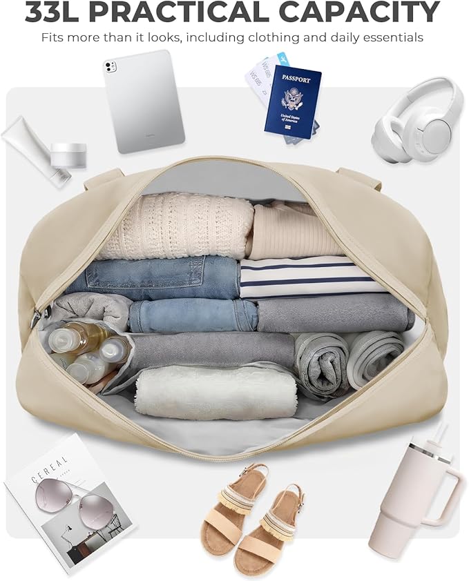 Percover Weekender Travel Duffel Bag for Women, Lightweight Soft-Structure 33L Carry-On, Water-Resistant Nylon with Shoulder Strap & Trolley Sleeve, Personal Item Friendly, Camel Tan