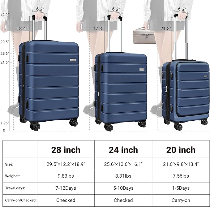 SmileLine 3-Piece Luggage Set Lightweight Hardside Suitcase TSA Lock Spinner Wheels, 20" Expandable Carry-On Luggage with Quick Access Front Open Pocket, Bonus Makeup Bag, Navy Blue