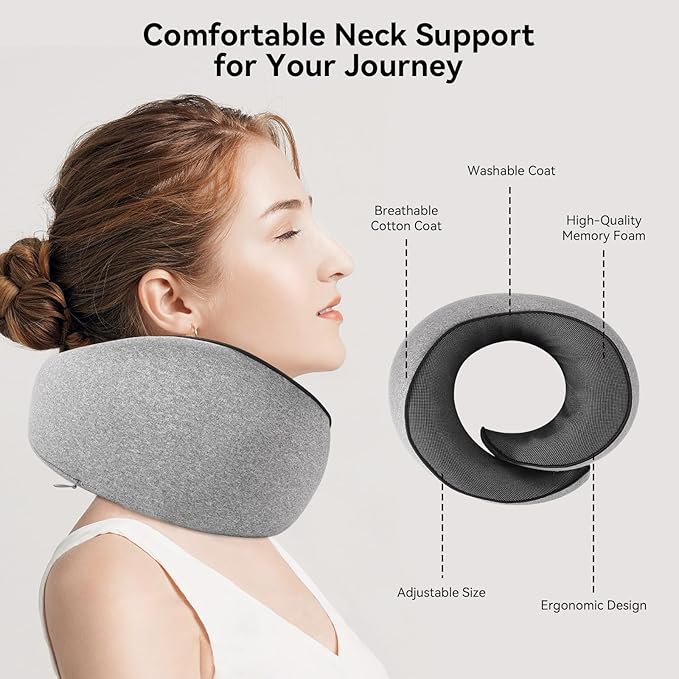 Travel Pillow, 100% Pure Memory Foam Neck Pillow for Airplanes, Comfortable Breathable Cover, Travel Essentials for Plane, Car, Train and Home, Blue