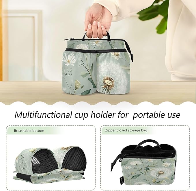 Sage Green Dandelion Luggage Cup Holder Travel Portable Free Hand Drink Carrier Suitcase Drinks Beverage Holder Carry-On Bottle Mug Holder Organizer Bag Travelers Accessories