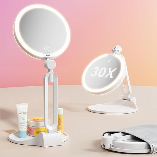 Travel Makeup Mirror with Lights 2026 New, 1X/30X Magnification Double Sided Lighted Mirror, 3 Color Lighting & Stepless Dimming, 2000mAh Foldable Portable Mirror for Desk & Travel