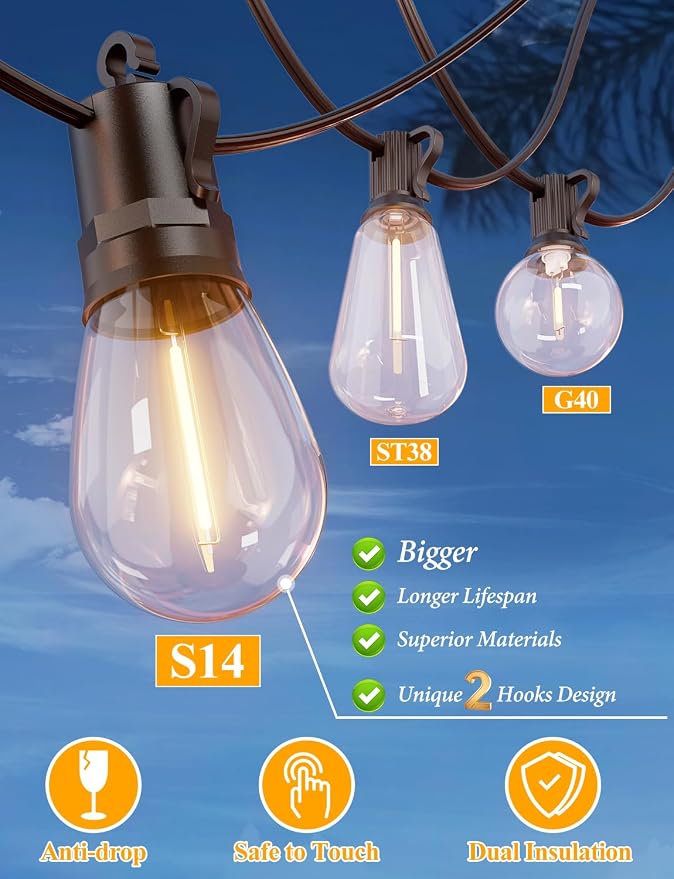 60FT LED Outdoor String Lights for Patio Decor | Outside Hanging Lights with 17 Shatterproof S14 Vintage Edison Bulbs(1 Spare), Waterproof 2700K Dimmable