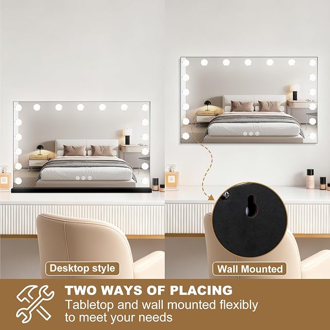 Ratsamee Black Hollywood Vanity Mirror with Lights, 17 Dimmable Bulbs, 3 Color Lights,Make Up Lighted Mirror, Aluminum Metal Frame, USB Charging Port（28" x 20"）