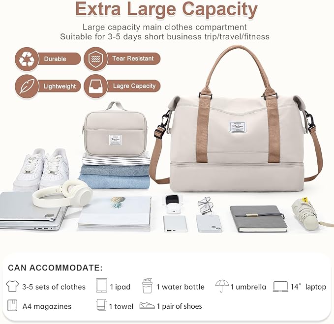 Large Weekender Bags for Women, Travel Duffel Bag with Shoe Compartment,Personal Item Travel Carry on Overnight Bag for Women Travel Set,Beige & Brown