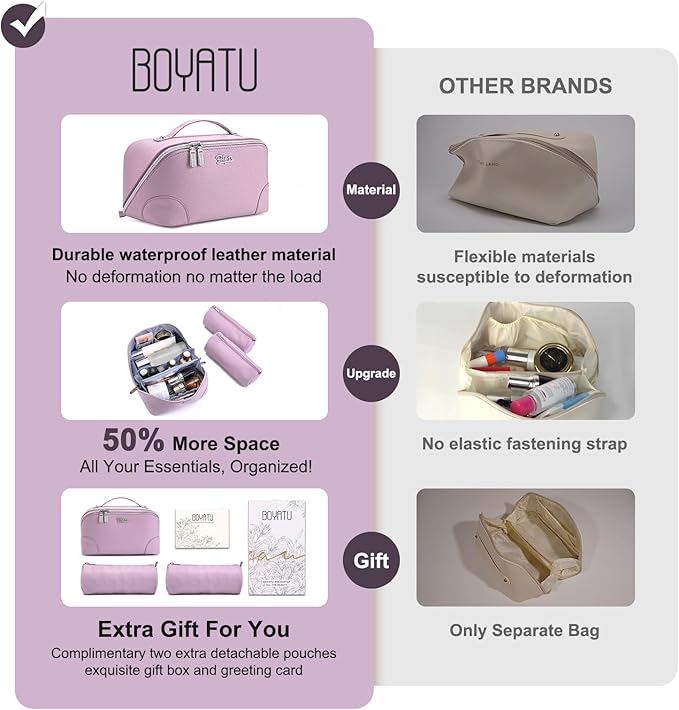 BOYATU Travel Makeup Bag Cosmetic Bags for Women: 3 Pcs Set Large Capacity Make up Bag with Handle - Waterproof Vegan Leather Toiletry Bags Travel Essentials with Compartments(C-4-Purple)