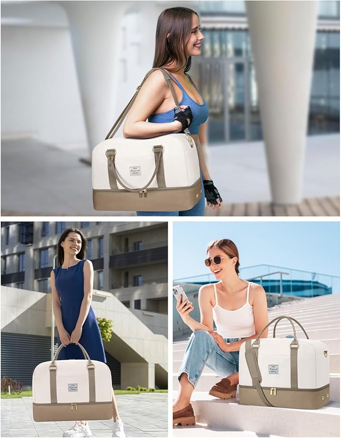 Weekender Travel Duffle Bag for Women: Overnight Bags with Shoe Compartment Carry on Bags for Airplanes with Toiletry Bag Yoga Gym Bag with Wet Pocket Travel Duffel Tote Bag Hospital Bag Khaki Beige