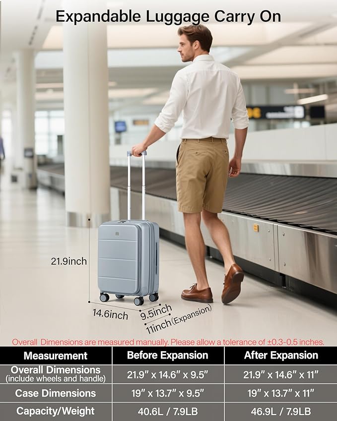 MILADA 20-Inch Expandable Carry On Luggage, Hard Shell Top-Opening Luggage with Wheels, TSA-Approved Small Travel Bag for Men and Women Carry-On Suitcase, Grey