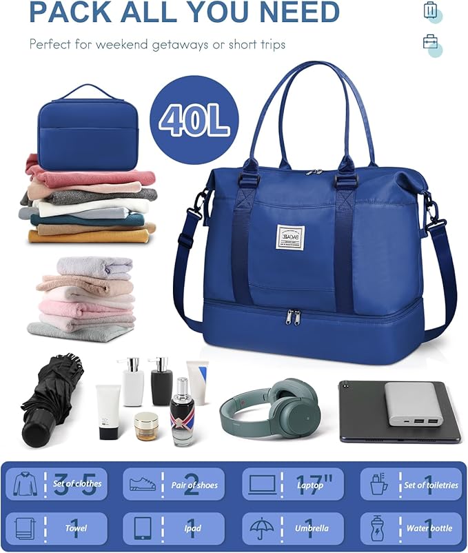 BAGAIL Travel Duffel Bag - Weekender & Overnight Gym Carry On Tote with Wet Pocket - Hospital Mom Bag for Labor & Delivery - Extra Large, Navy Blue