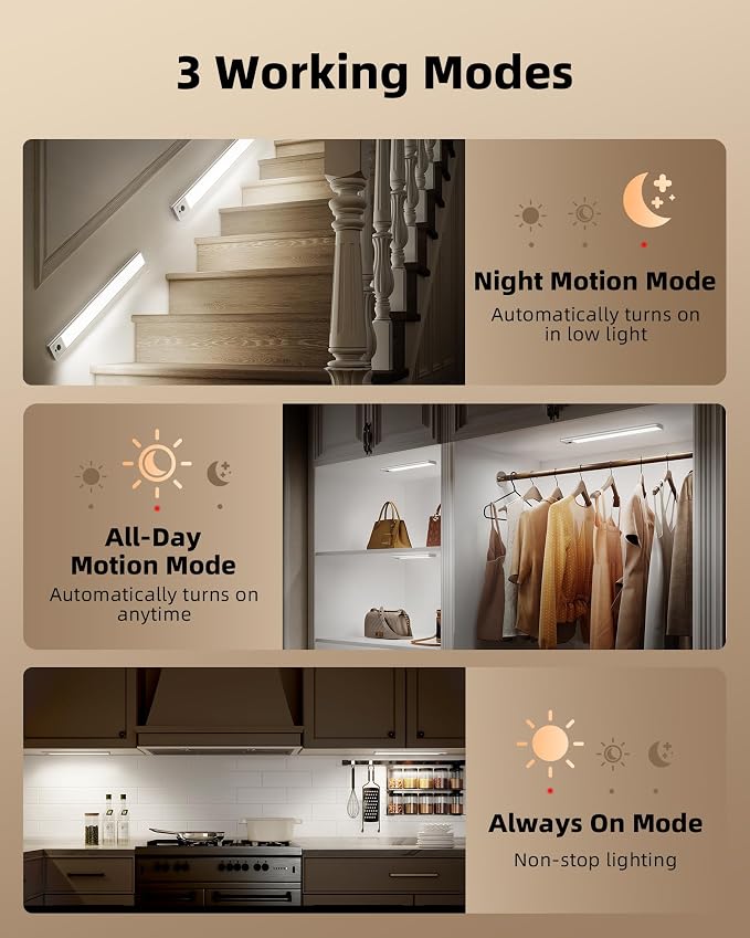 EZVALO 3-Pack 16.5inch Under Cabinet Lighting with Remote, 4000mAh Rechargeable Motion Sensor Lights, Magnetic Dimmable Closet Light, 3 Color Temps Wireless Lights for Kitchen, Pantry, Stair