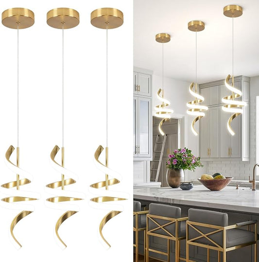 Modern Spiral LED Pendant Lights Kitchen Island, 22W Adjustable Height Hanging Light Fixture 5500K Gold Chandelier for Dining Room Cafe Table, 3 Pack