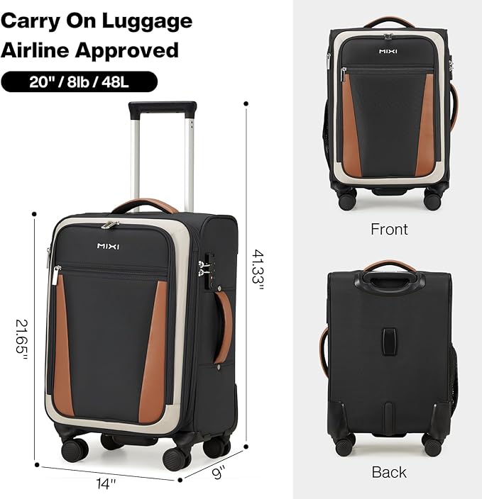 mixi Carry On Luggage 20 Inch Softside Expandable Suitcase with Front Pocket, 22x14x9 Airline Approved Rolling Lightweight Travel Suitcases with Wheels & TSA (Black-Off White)