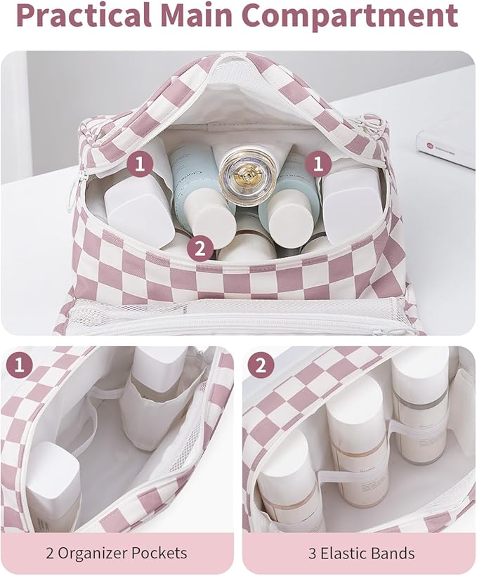 Narwey Small Hanging Travel Toiletry Bag for Traveling Women, Checkered Travel Bag for Toiletries, Makeup Bag Organizer Make Up Cosmetic Bags (Dusty Pink Checkerboard)
