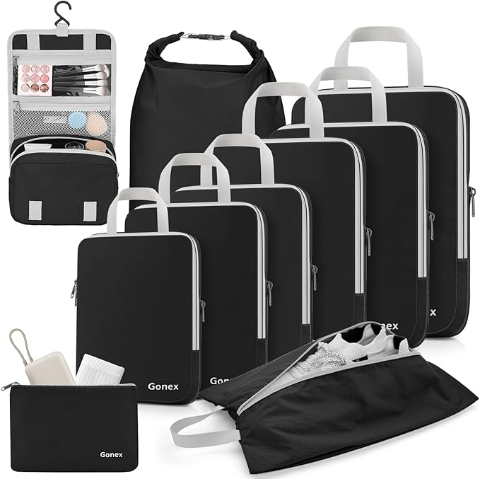 Gonex 10 Set Compression Packing Cubes, Expandable Storage Travel Bags for Suitcase, Luggage Organizers with Hanging Toiletry Bag Laundry Bag Shoe Bag Accessories Bag (Black)