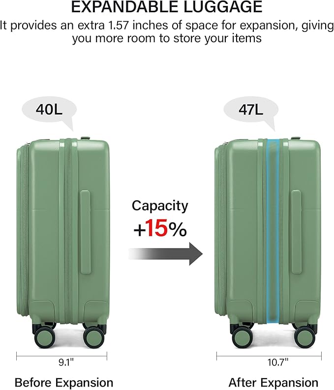 Hanke 20 Inch Expandable Carry On Luggage with Cup Holder 22x14x9 Airline Approved, Top Opening Hard Shell Suitcases with Wheels, Carry-On Travel Suitcase Trunk Luggage with Lock, Forest Green