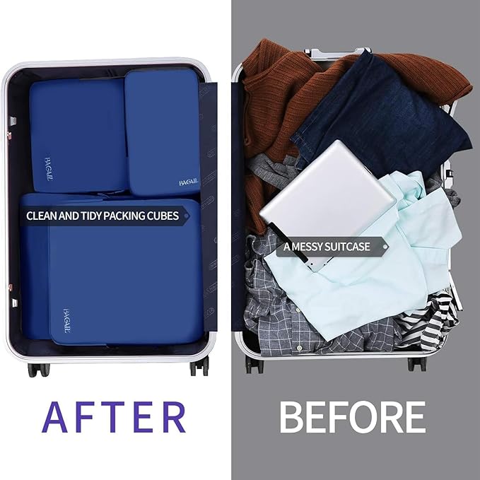 BAGAIL 4 Set/6 Set/8 Set Compression Packing Cubes Travel Accessories Expandable Packing Organizers (Cloth Pattern, 4-Navy)