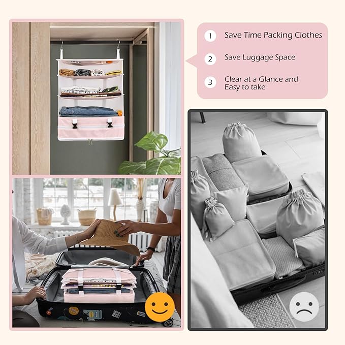Surblue Hanging Closet Storage Bag Collapsible 3-Shelf Washable Oxford Fabric with 2 Hooks (XL 17.71*11.81*20in, Pink)