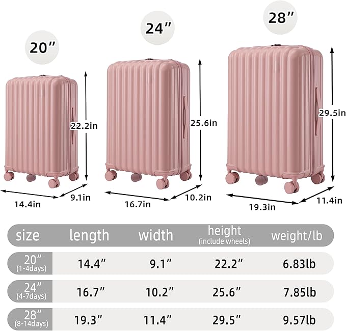 Luggage Set,3 Piece Suitcase with Spinner Wheels, Suitcase with Lock Cup Holder Phone Holder,Carry On Luggage Easy Travel for Men and Women,Pink