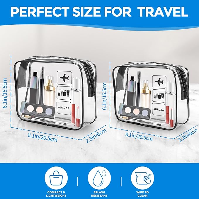 AURUZA 2 Pack TSA Approved Toiletry Bag, Clear Makeup Bag,Travel Cosmetic Bag with Zipper,Clear Organizer Carry on Bag for Women,PVC Cosmetic Pouch for Airport Airline Compliant (Black)