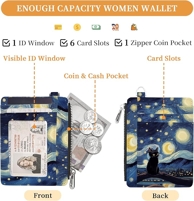 Hancynir Black Cat Slim Wallet Women Credit Card Holder, RFID Blocking Front Pocket Wallet Wristlet Keychain Lanyard, Small Cute Mini Card Case, Thin Travel Zipper Coin PU Leather Ladies Female Gifts