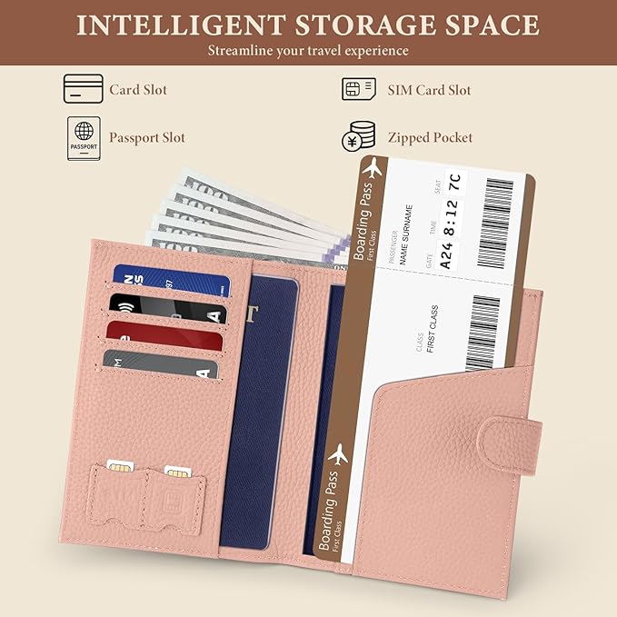 Genuine Leather Passport Holder for Women Men, Hidden Airtag Pocket, RFID Blocking, Zippered Coins Pocket & Cash Compartment Travel Gifts Essentials Passport Cover Case - Pink