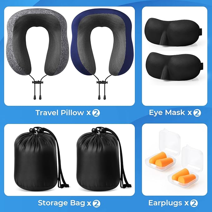 Travel Pillow, 2 Pack Travel Pillows for Sleeping Airplane, Neck Pillow Airplane, Memory Foam Neck Pillow Set with Eye Mask, Earplugs and Storage Bag -Grey & Blue
