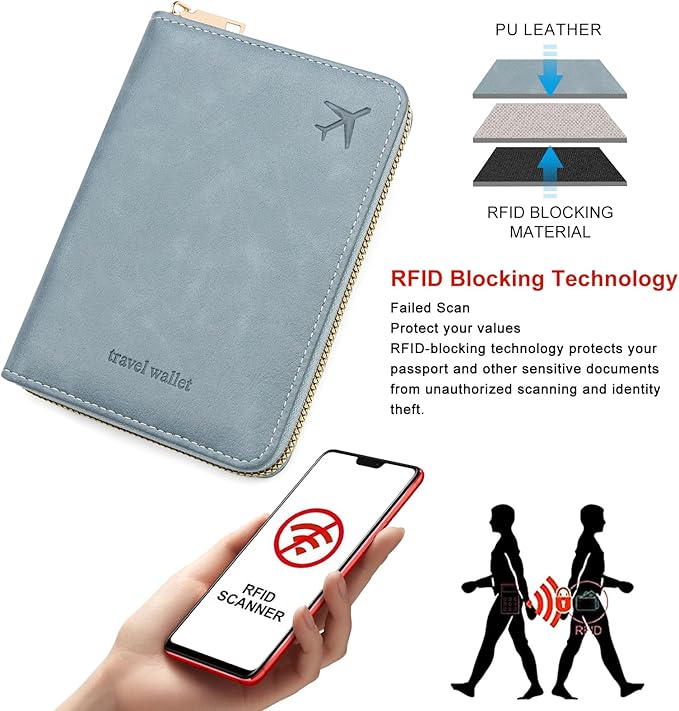 defway Passport Holder Travel Wallet - RFID Blocking Passport Holder Wallet, Full Zip Travel Card Cover with RFID Protection, Multi Slot Organizer for Cards Cash Documents Travel Essentials (Blue)