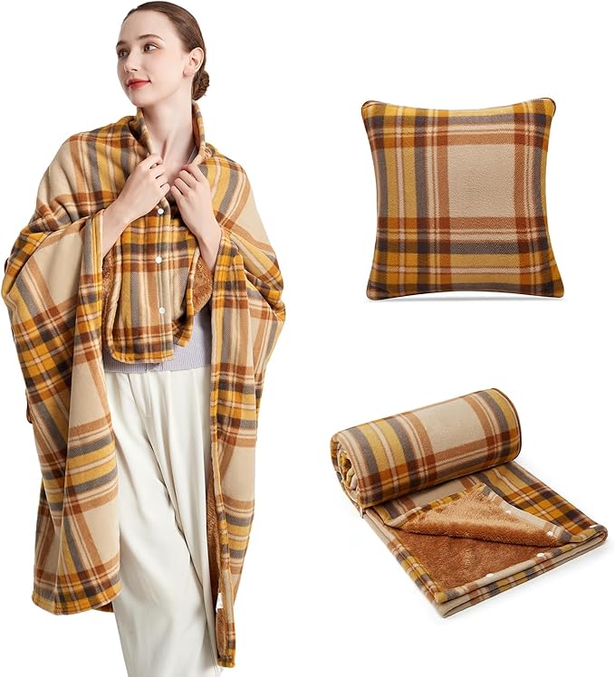 forestfish Wearable Blanket Compact Pillow 2-in-1, Lap Blanket Poncho with Button Plaid Throw Cushion for Home/Office/Sofa