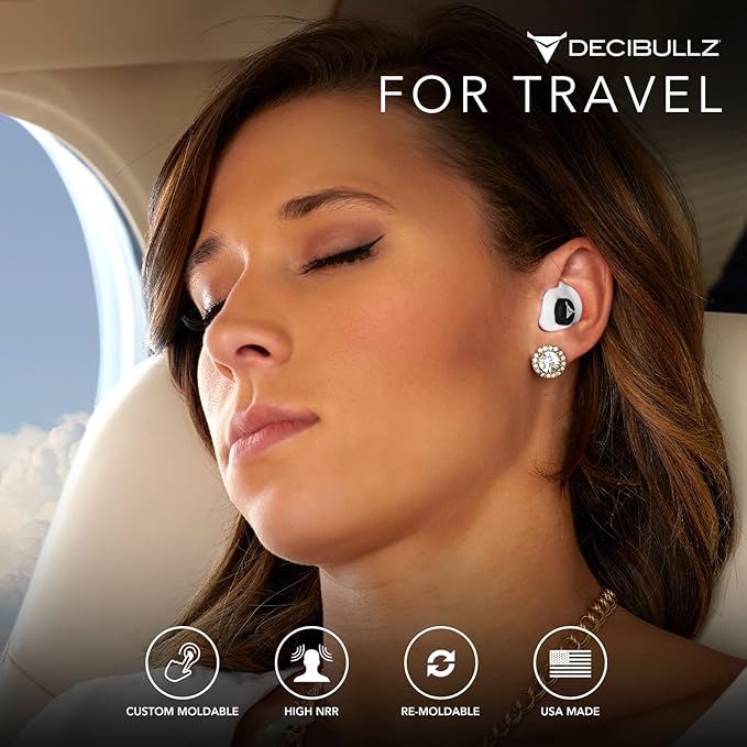 Decibullz 25-Decibel Noise-Reduction Earplugs for Hearing Protection, Custom-Molded Reusable Earplugs for Noise Sensitivity & Flights, White
