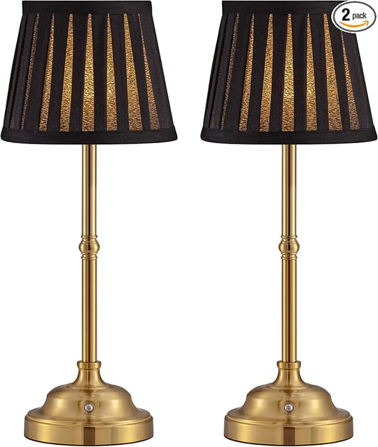 KDG Gold Cordless LED Table Lamps Set of 2, Black Fabric Shade Desk Lamps | Portable 4000mAh Rechargeable Battery Powered, Dimmable Lighting for Dining Room, Bedroom, Bedside, Night Light, Balcony