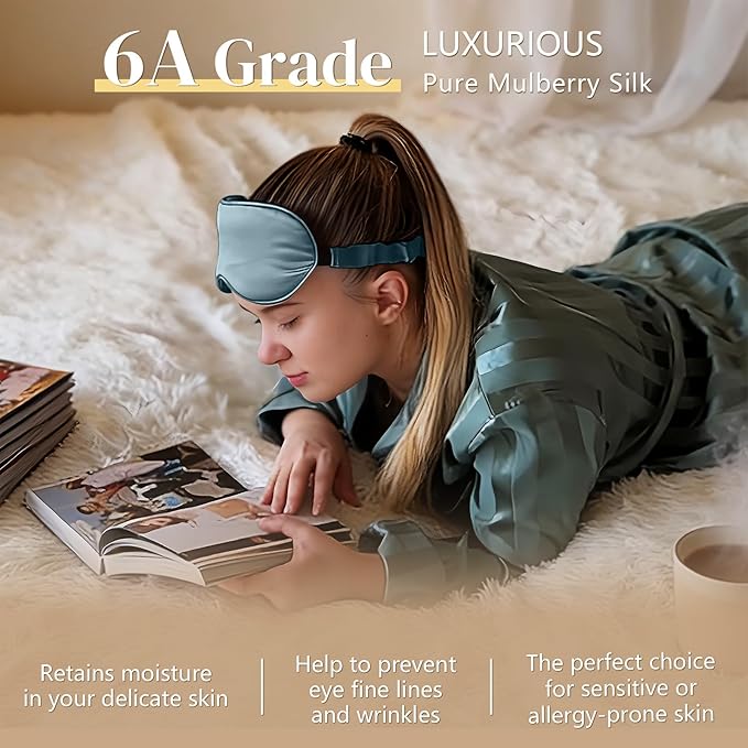 ZIMASILK Adjustable 22 Momme 100% Mulberry Silk Sleep Mask, 3D Contoured Cup Eye Mask for Sleeping, Super Soft Breathable Blindfold, Perfect Blocks Light for Sleeping. (Bluestone)