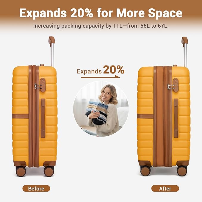 Kono Expandable 24 Inch Luggage with Spinner Wheels, Medium Checked Luggage with Lock, Lightweight & Anti-Scratch PC+ABS Hardshell Travel Suitcase, Yellow/Brown
