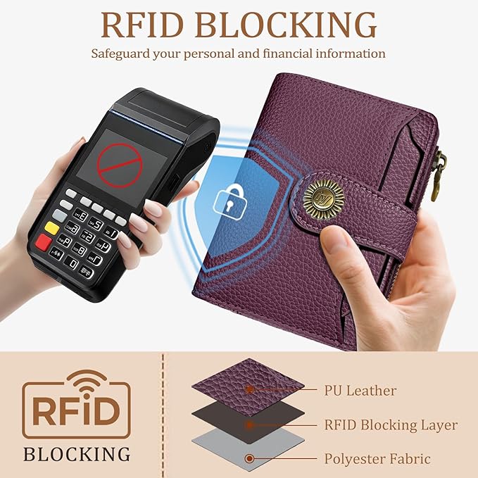 Icycay Small Wallet Women RFID Blocking Bifold, Credit Card Holder, Zipper Coin Pocket, PU Leather, Compact Travel, 4 ID Window, 14 Card Slots, Cash Purse, Ladies Woman Female Girls