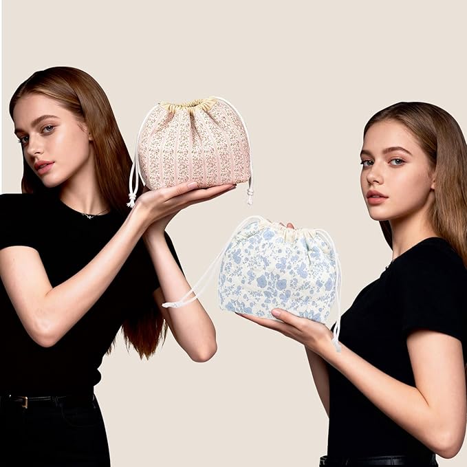 Large Makeup Bag, Cute Drawstring Cosmetic Bag with Canvas Lining, Floral Coquette Aesthetic Toiletry Bag, Travel Make Up Organizer Bag for Women and Girl (Blue Flower)