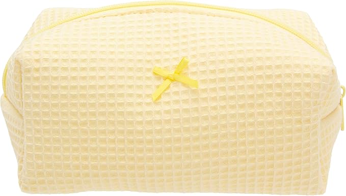 PAZIMIIK Cozy Makeup Bag Travel Cosmetic Bag for Women Soft Toiletry Bag Aesthetic Makeup Organizer Portable Large Zipper Pouch for Skincare Beauty Accessories Brushes Waffle Check Yellow