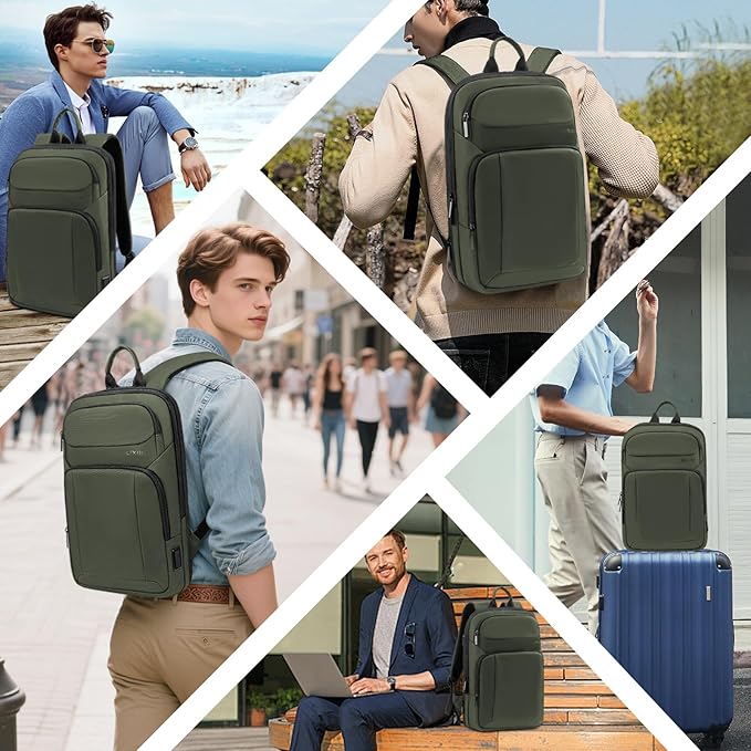 Backpack for Men Slim & Expandable Travel Laptop Backpack with USB Charging Port Water Resistant Anti-Theft Business Backpack Fits 17.3In Laptop for Commute Work College with Small Bag(Olive Green)