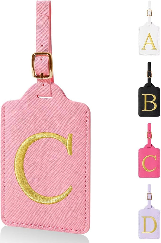 Personalized Initial Luggage Tags for Suitcases,Leather Letter Cute Luggage Tags with Privacy Name Card,Embroidered Monogrammed Travel Bag Backpack Tag Gifts for Women Kids Girls Teens(Pink-C)