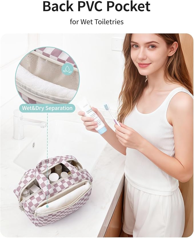 Narwey Travel Toiletry Bag for Women, Large Makeup Bag, Wide Open Cosmetic Make Up Organizer with Handle, Wet Pocket for Towel, Travel Bag for Toiletries, Brushes, Essentials (Dusty Pink Checker)