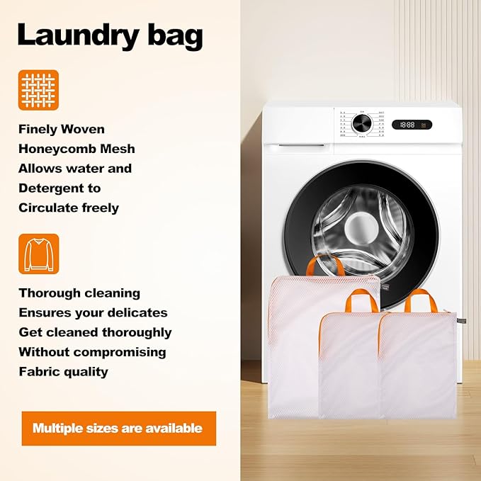 Kimmama Laundry Mesh Wash Bags, Lingerie Bags for Washing Delicates, Mesh Laundry Bags for Washing Machine, White Net, Orange Zipper, 1L & 2M
