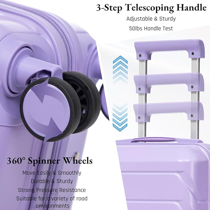 2-Piece ABS Hard Shell Lightweight Carry-On Luggage Set (14" & 20"), 360-Degree Spinner Wheels, Adjustable Telescopic Handle and Combination Lock for Travel, Purple