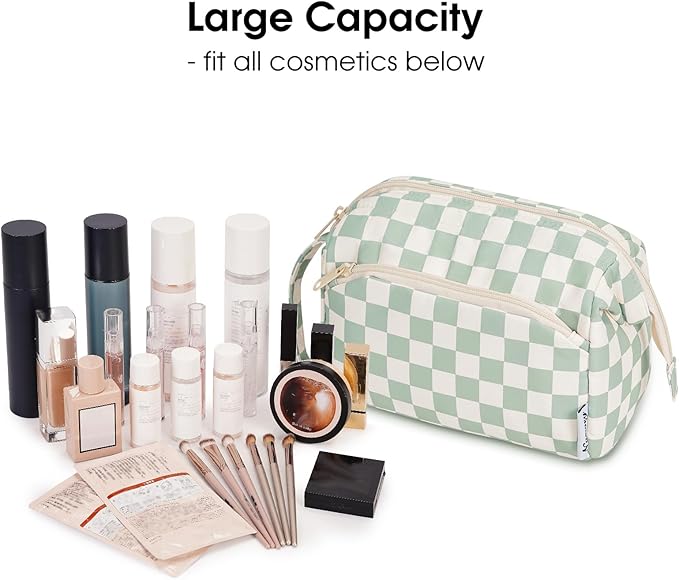 Narwey Makeup Bag Women Girls, Travel Toiletry Bag for Women Cosmetic Bag Organizer Make up Bag with Compartments Toiletries Medicine Bag (Mint Green Checkerboard)