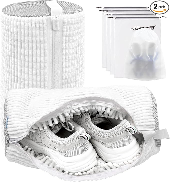 Shoe Washing Machine Bag,Laundry Shoe Bag for Washer and Dryer,Reusable Shoe Cleaning Bag for Sneakers,Tennis Shoes,With Self-locking Zipper, Microfiber Inside,Include Shoe Bag (Pro White - 2 Pack)