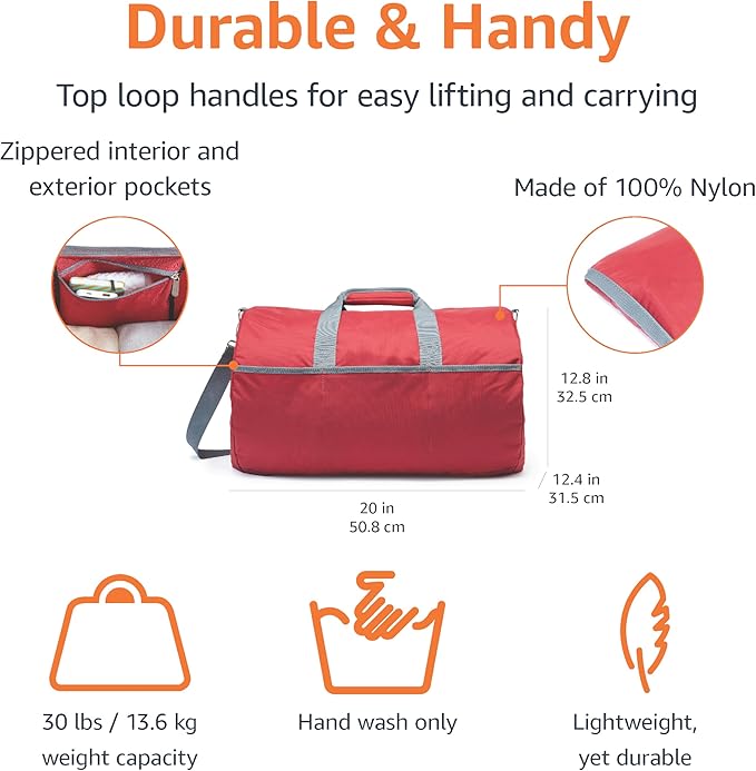Amazon Essentials Lightweight Nylon Duffel Bag with Zippered Pockets, 20-inch, 30 lb Capacity, Red (Previously Amazon Basics)