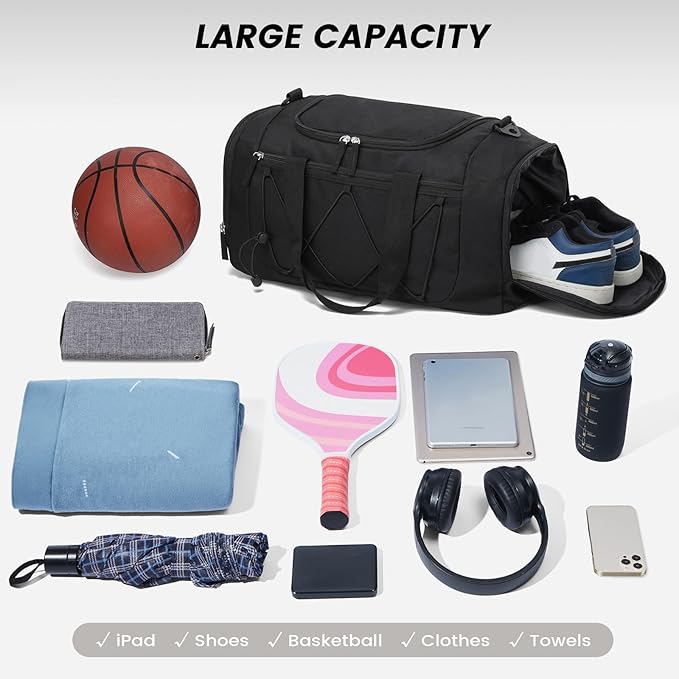 Vorspack Gym Bag for Men - 18 Inches Small Duffle Bag for Travel Lightweight Duffel Bag with Shoe Compartment Personal Item Travel Bag Weekender Bag for Travel Sports Gym - Black