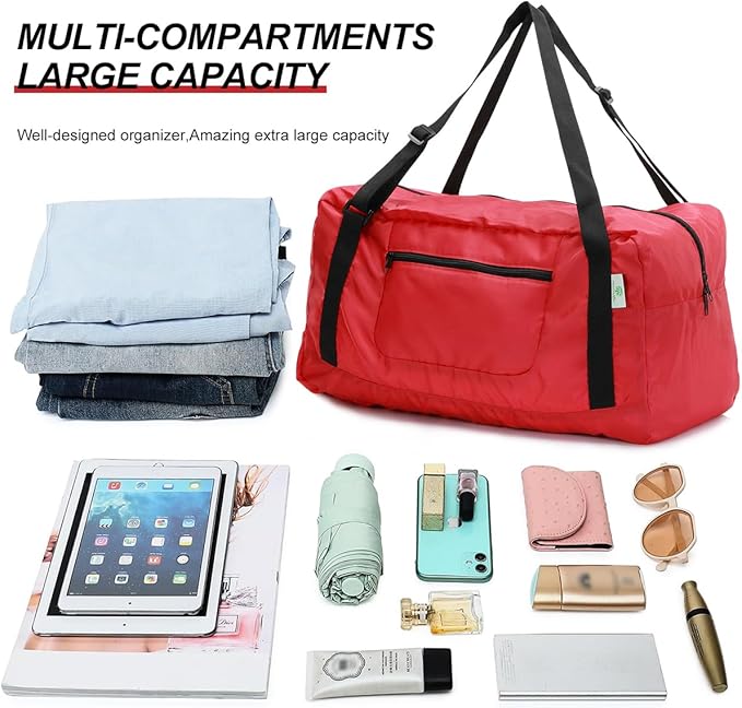HOLYLUCK Foldable Travel Duffel Bag For Women & Men Luggage Great for Gym (Red)