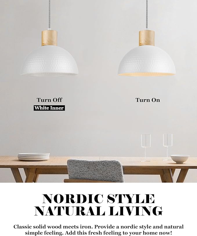 ELYONA 2 Pack Hammered Pendant Lights, 12" Modern Metal Dome Hanging Lamp Solid Wood Pendant Light Fixtures for Kitchen Island, Farmhouse, Dining Room, Sink, Bedroom, Hallway, Japandi White